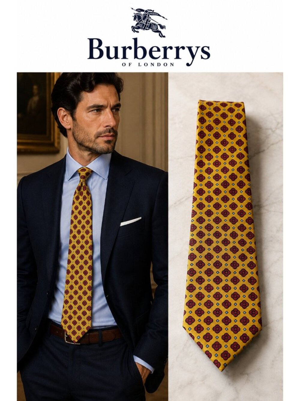 Vintage Burberrys of London 100% Silk Yellow Red Medallion Necktie Italy